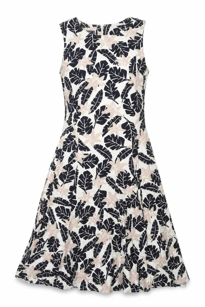 Front view of Maine New England women’s multicoloured geometric cotton fit & flare, size UK 10, round neck zip - leaf print