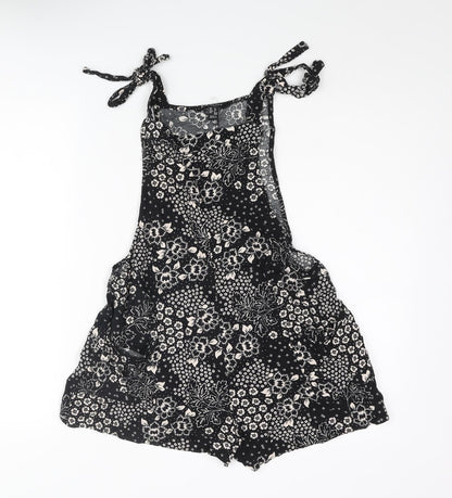 New Look Womens Black Floral Vinyl Romper One-Piece Size 10 Tie - Bow