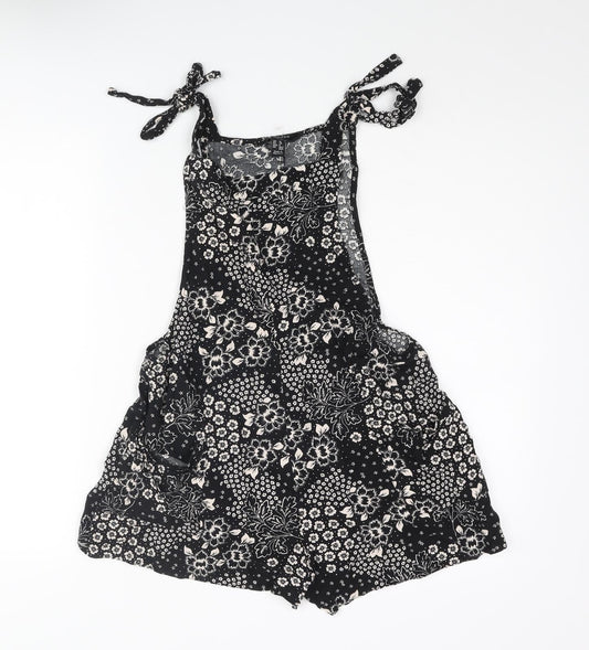 New Look Womens Black Floral Vinyl Romper One-Piece Size 10 Tie - Bow