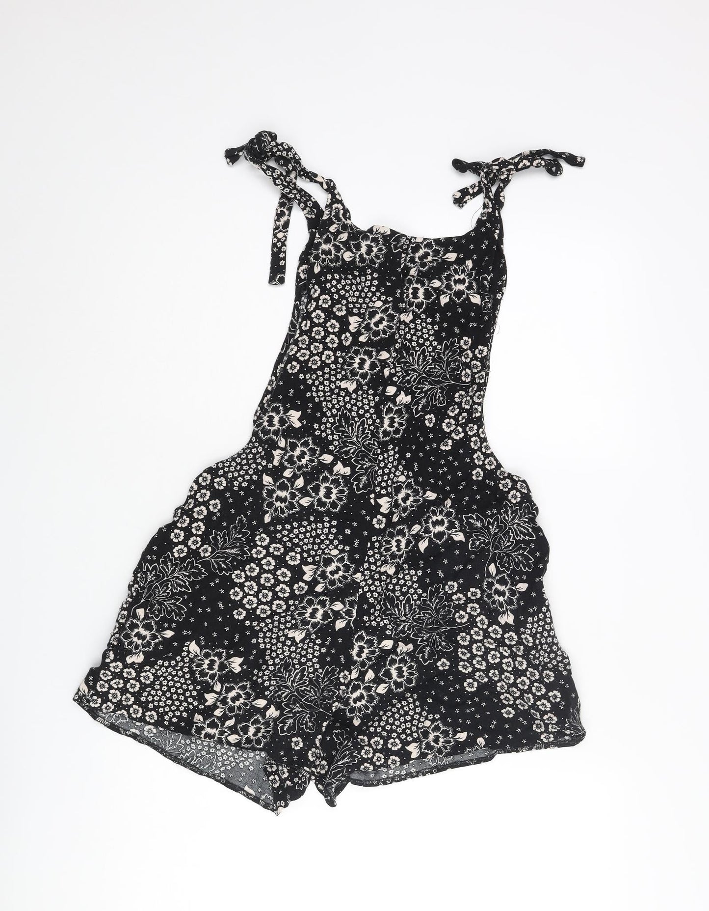 New Look Womens Black Floral Vinyl Romper One-Piece Size 10 Tie - Bow