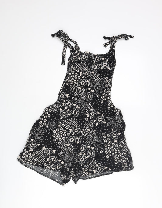 New Look Womens Black Floral Vinyl Romper One-Piece Size 10 Tie - Bow