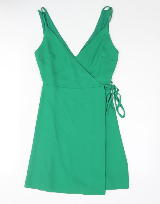 Topshop Womens Green Polyester Wrap Dress Size 6 V-Neck Button