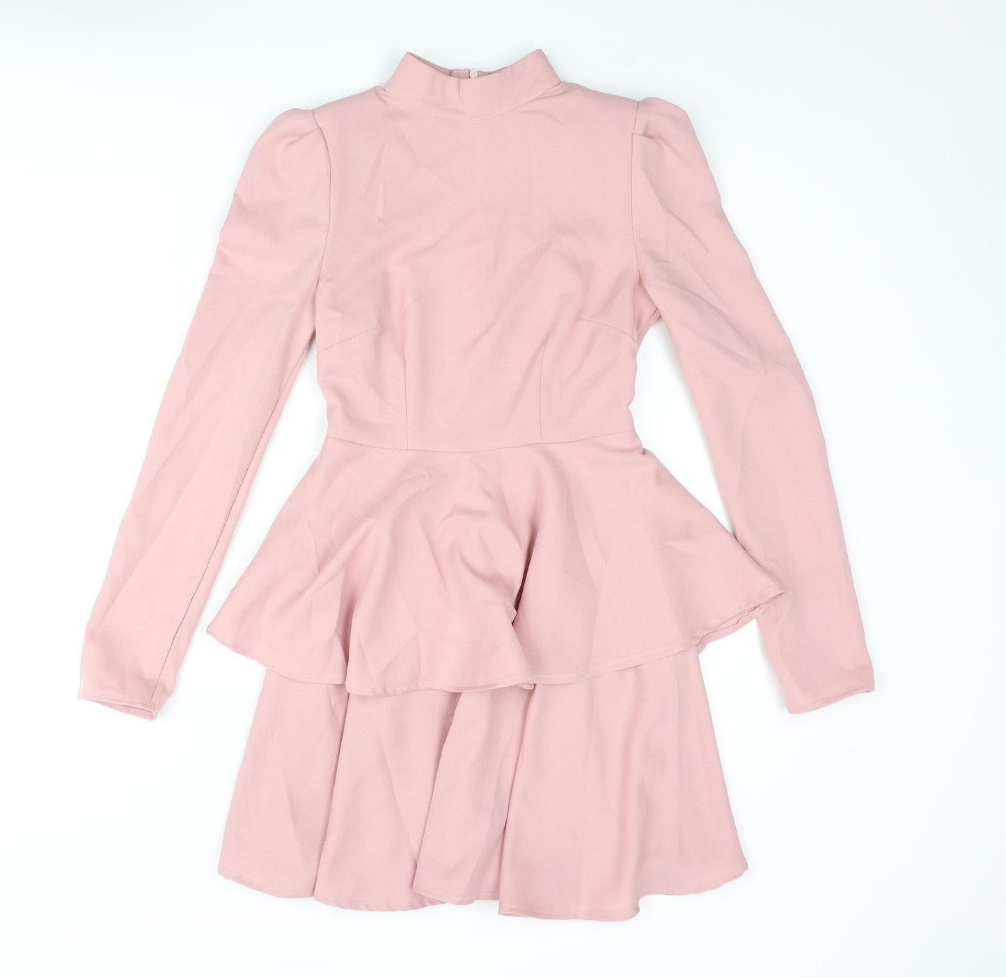 PRETTYLITTLETHING Womens Pink Polyester A-Line Size 4 Mock Neck Zip - Layered Frill