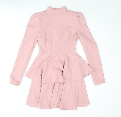 PRETTYLITTLETHING Womens Pink Polyester A-Line Size 4 Mock Neck Zip - Layered Frill