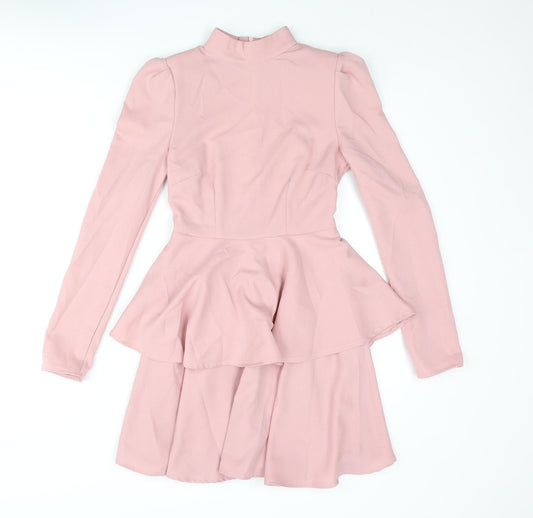 PRETTYLITTLETHING Womens Pink Polyester A-Line Size 4 Mock Neck Zip - Layered Frill