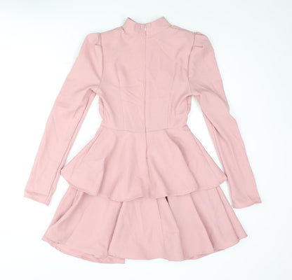 PRETTYLITTLETHING Womens Pink Polyester A-Line Size 4 Mock Neck Zip - Layered Frill
