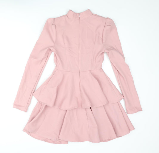 PRETTYLITTLETHING Womens Pink Polyester A-Line Size 4 Mock Neck Zip - Layered Frill