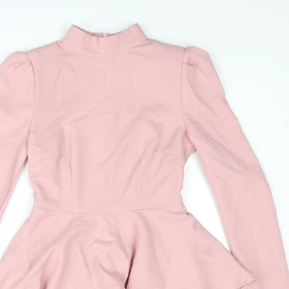 PRETTYLITTLETHING Womens Pink Polyester A-Line Size 4 Mock Neck Zip - Layered Frill