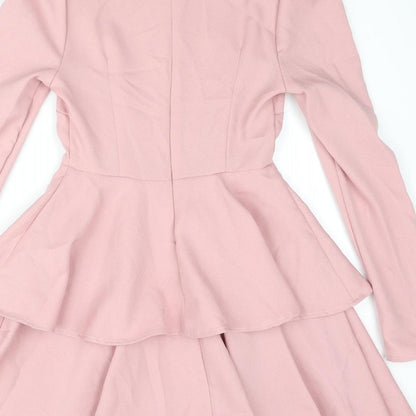 PRETTYLITTLETHING Womens Pink Polyester A-Line Size 4 Mock Neck Zip - Layered Frill