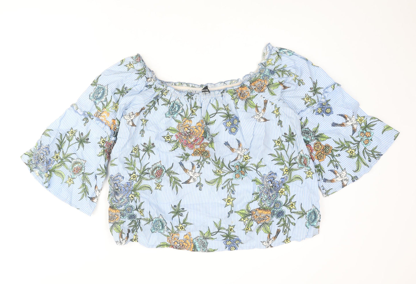 Influence Womens Blue Striped Polyester Basic Blouse Size 12 Off the Shoulder - Floral Frill