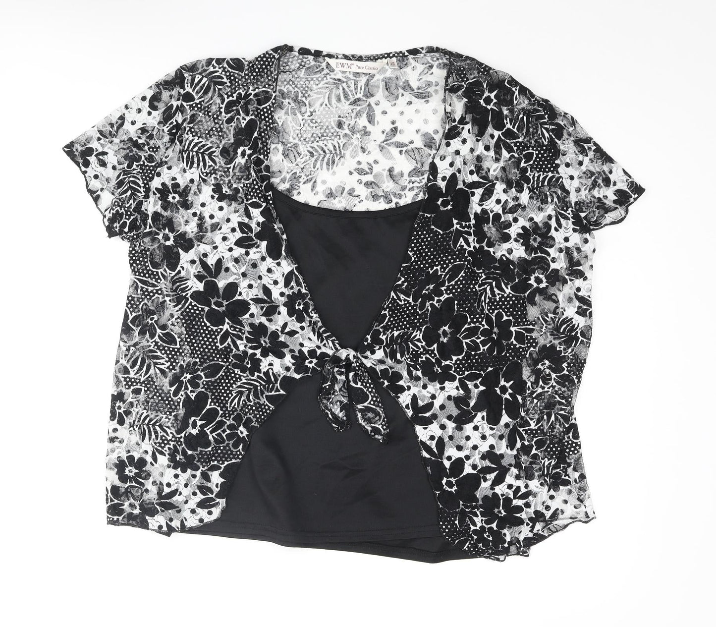 EWM Womens Black Floral Polyester Basic Blouse Size 18 Scoop Neck - Lace Layered