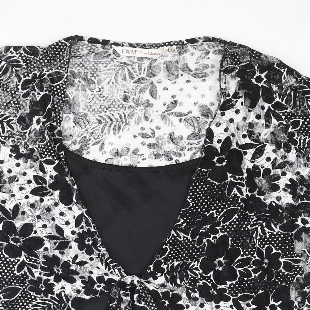 EWM Womens Black Floral Polyester Basic Blouse Size 18 Scoop Neck - Lace Layered