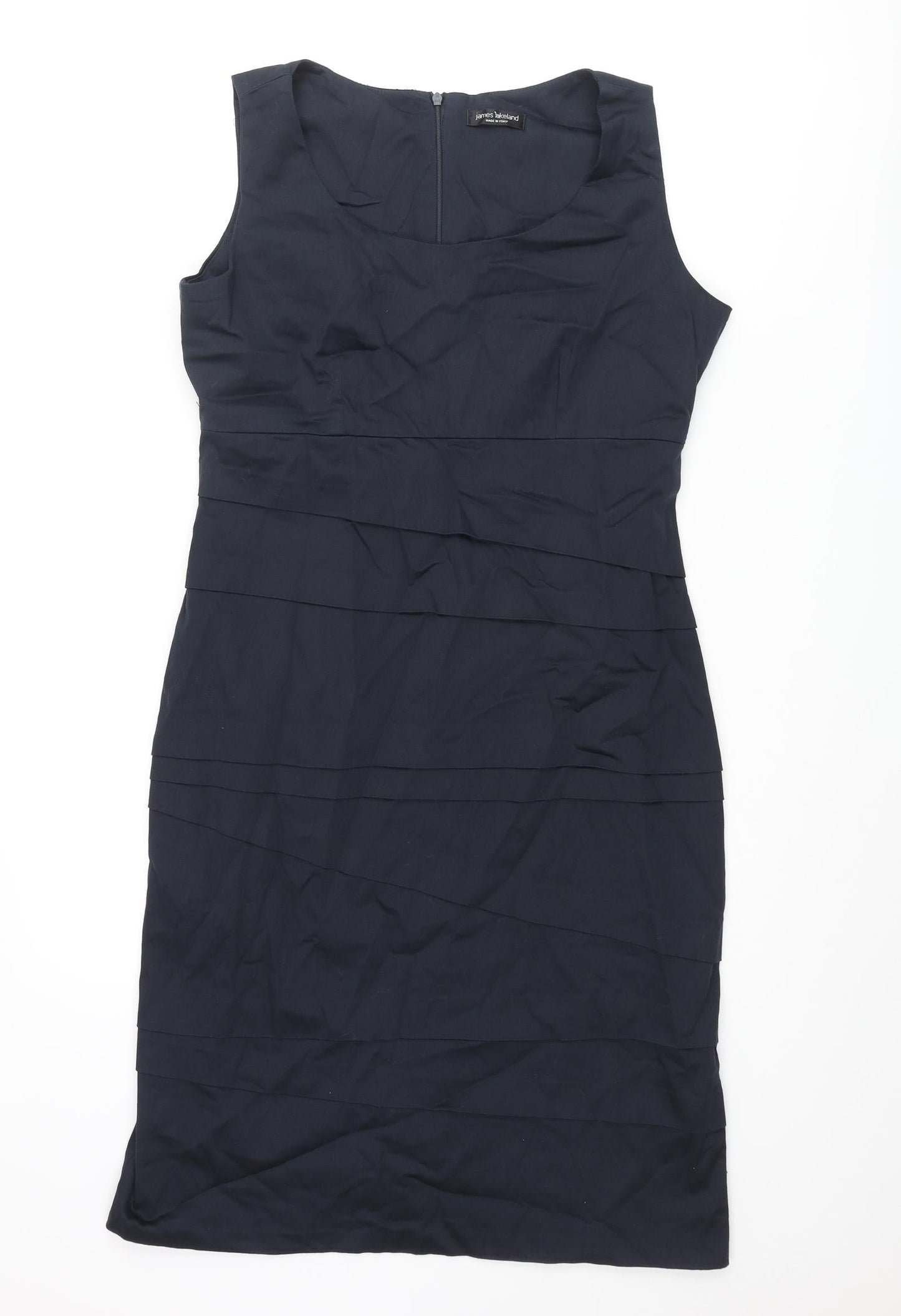 James Lakeland Womens Blue Cotton Pencil Dress Size 18 Scoop Neck Zip - Pleated