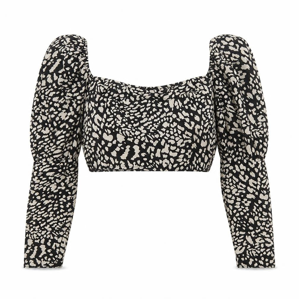 Front view of In the Style women’s black animal print polyester cropped blouse, size UK 8, sweetheart - cheetah print