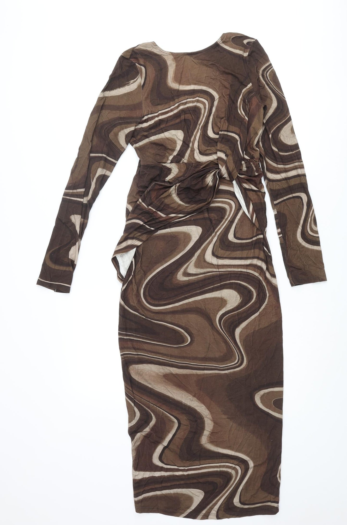 ASOS Womens Brown Geometric Viscose Bodycon Size 8 Round Neck Pullover - Open Back Knot Marble Print