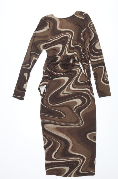 ASOS Womens Brown Geometric Viscose Bodycon Size 8 Round Neck Pullover - Open Back Knot Marble Print