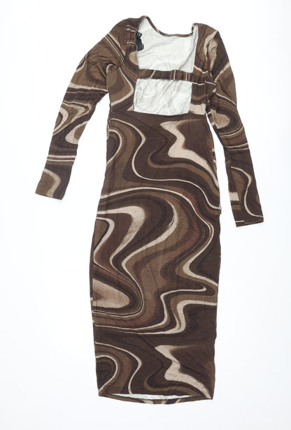 ASOS Womens Brown Geometric Viscose Bodycon Size 8 Round Neck Pullover - Open Back Knot Marble Print