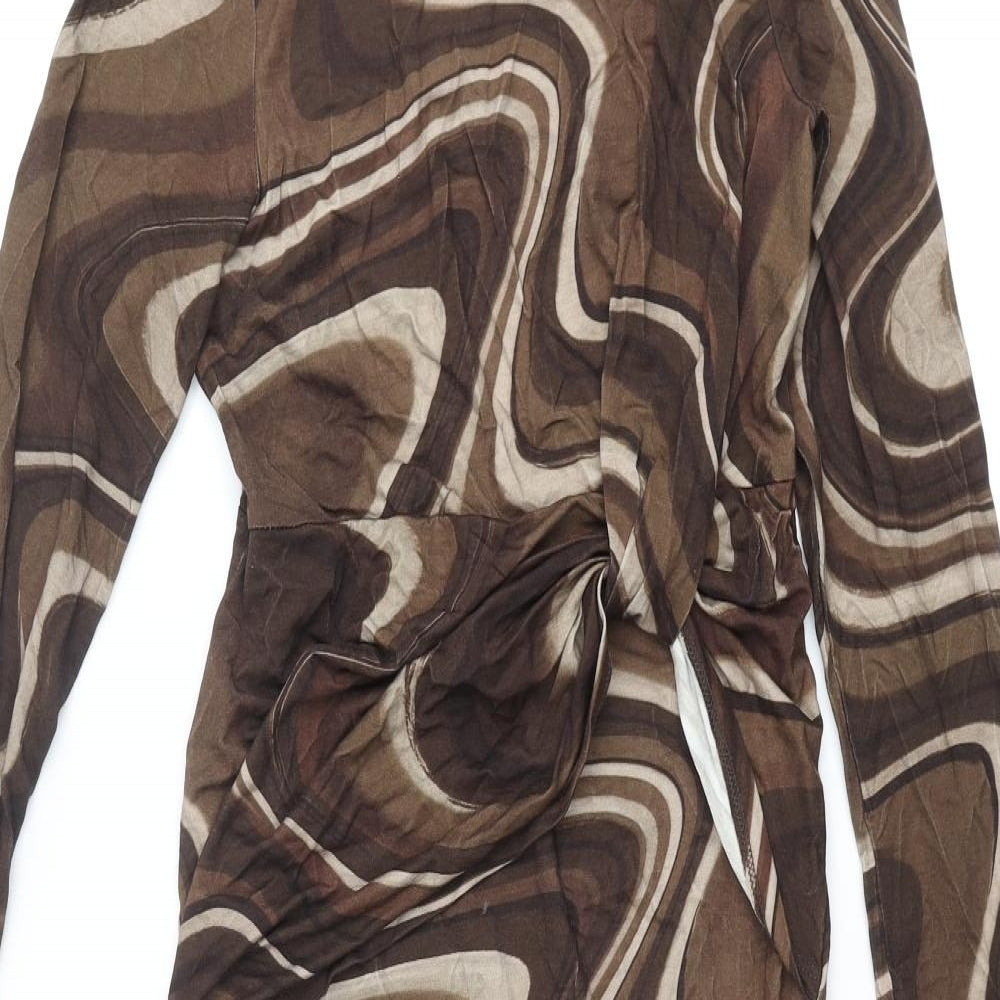 ASOS Womens Brown Geometric Viscose Bodycon Size 8 Round Neck Pullover - Open Back Knot Marble Print