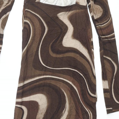 ASOS Womens Brown Geometric Viscose Bodycon Size 8 Round Neck Pullover - Open Back Knot Marble Print