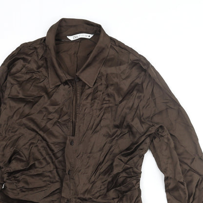 Womens UK Size L Zara Brown Basic Button-Up