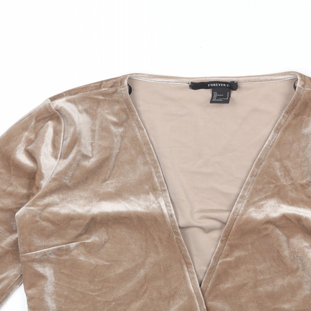 FOREVER 21 Womens Beige Polyester Cropped T-Shirt Size S V-Neck - Cardigan Style