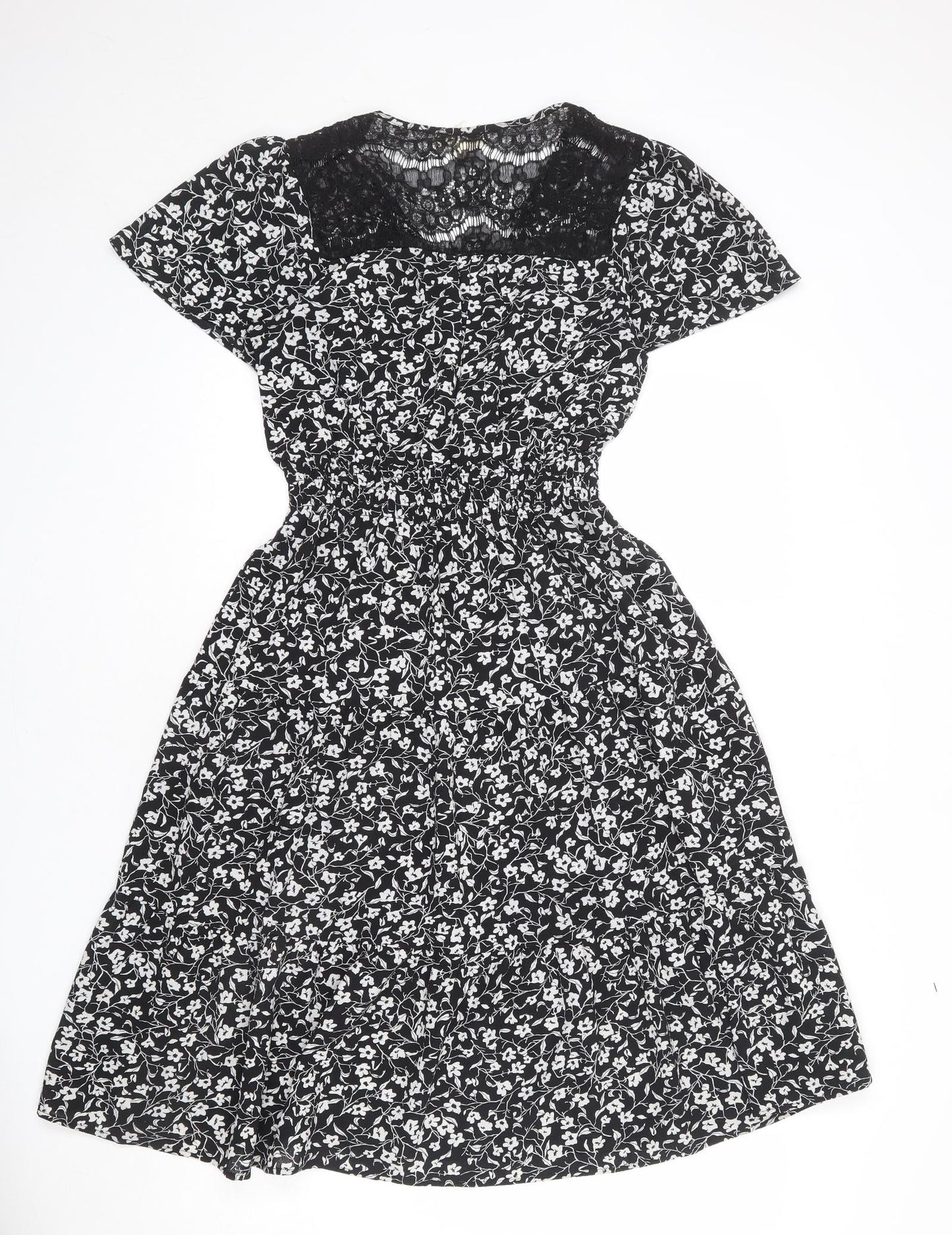 Monteau Womens Black Floral Polyester A-Line Size M V-Neck Pullover - Lace Detail