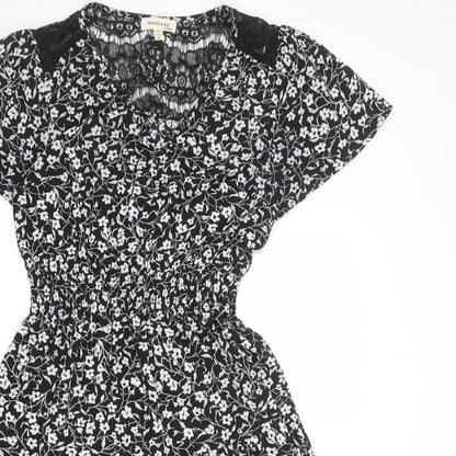 Monteau Womens Black Floral Polyester A-Line Size M V-Neck Pullover - Lace Detail