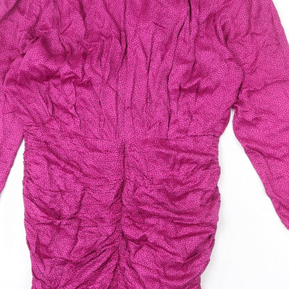 Zara Womens Pink Polka Dot Viscose Sheath Size L V-Neck Zip - Ruffle Detail