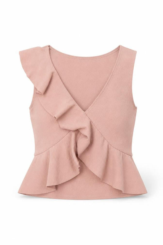 Front view of Missguided women’s pink polyester cropped tank, size UK 4, v-neck - ruffle detail