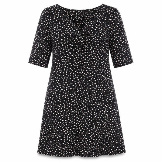 Front view of Principles women’s black geometric viscose a-line, size UK 14, v-neck pullover - heart print