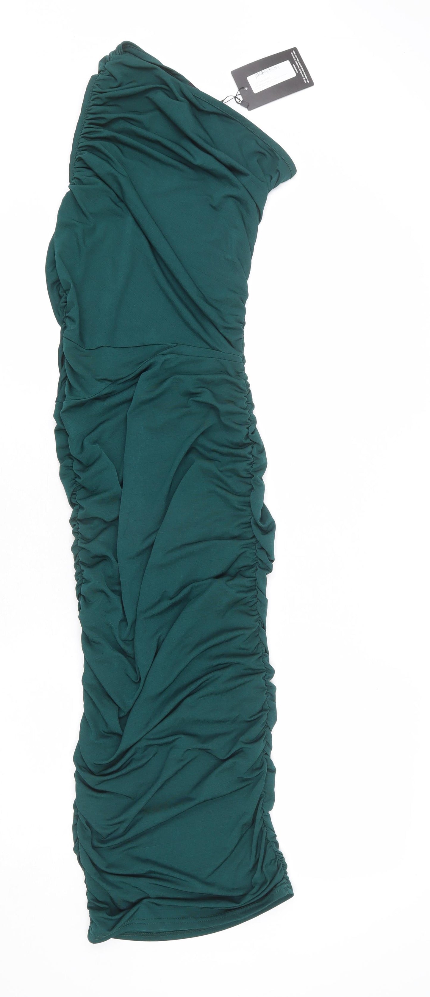PRETTYLITTLETHING Womens Green Polyester Bodycon Size 4 One Shoulder Pullover - Ruched