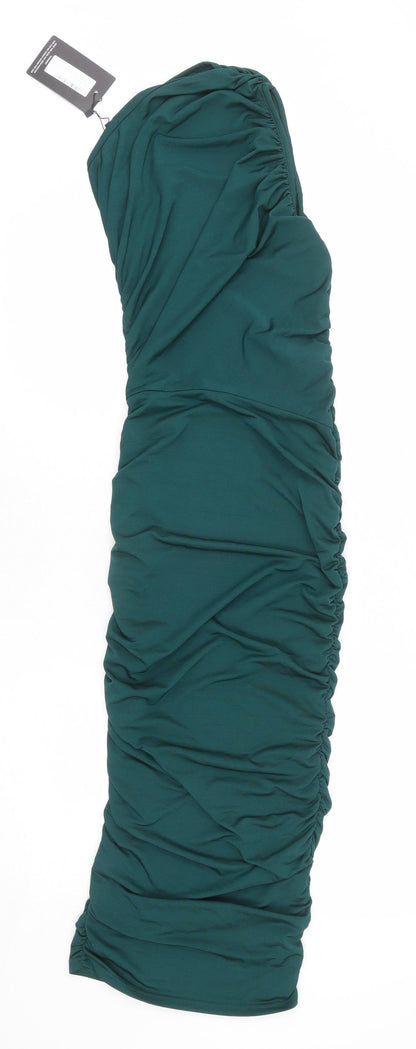 PRETTYLITTLETHING Womens Green Polyester Bodycon Size 4 One Shoulder Pullover - Ruched