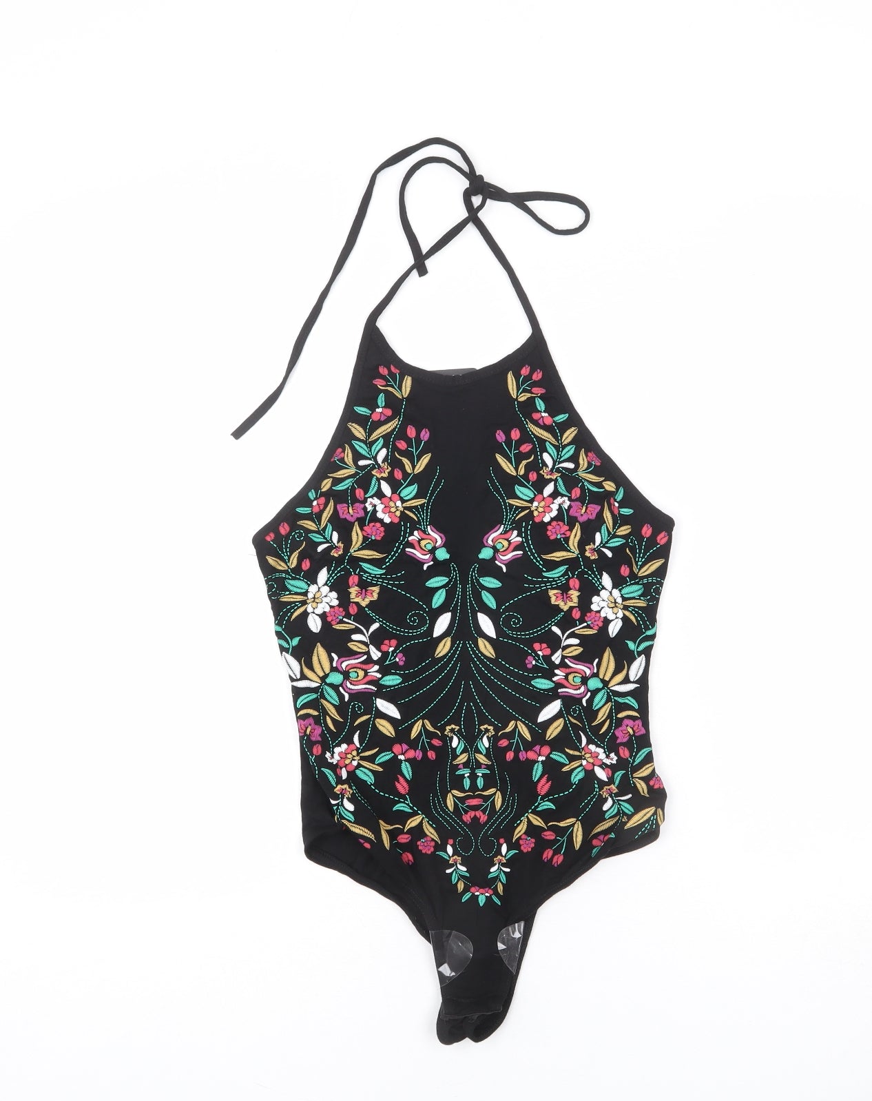 PRETTYLITTLETHING Womens Black Vinyl Bodysuit One-Piece Size 4 Snap - Floral Embroidery
