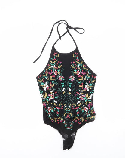 PRETTYLITTLETHING Womens Black Vinyl Bodysuit One-Piece Size 4 Snap - Floral Embroidery