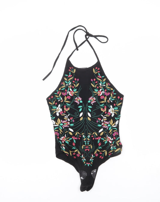PRETTYLITTLETHING Womens Black Vinyl Bodysuit One-Piece Size 4 Snap - Floral Embroidery