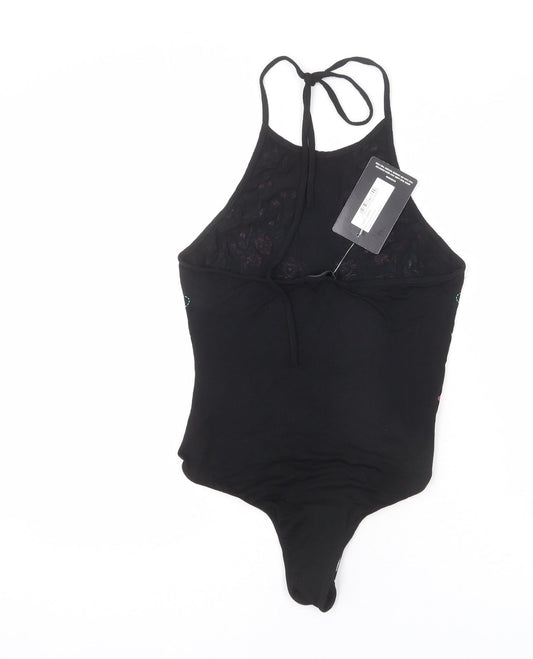 PRETTYLITTLETHING Womens Black Vinyl Bodysuit One-Piece Size 4 Snap - Floral Embroidery