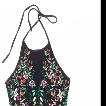 PRETTYLITTLETHING Womens Black Vinyl Bodysuit One-Piece Size 4 Snap - Floral Embroidery