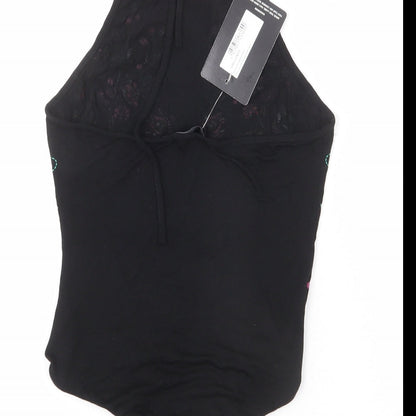 PRETTYLITTLETHING Womens Black Vinyl Bodysuit One-Piece Size 4 Snap - Floral Embroidery