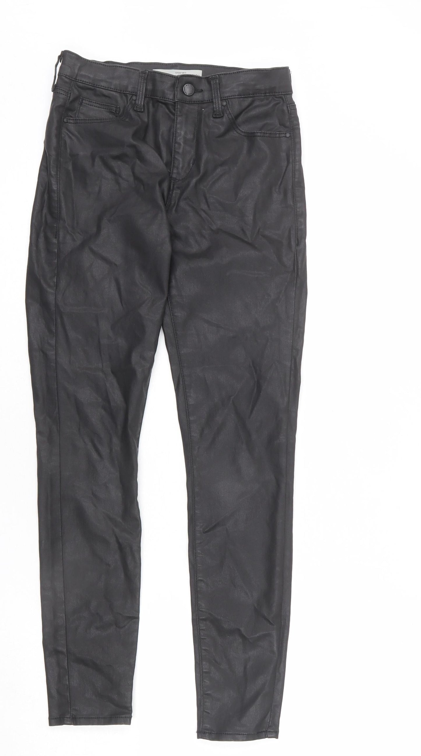 Topshop Womens Black Cotton Trousers Size 28 L30 in Regular Zip - Leather Look