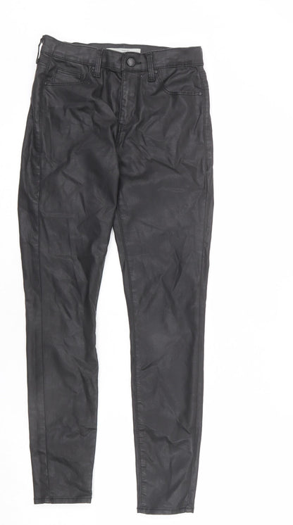 Topshop Womens Black Cotton Trousers Size 28 L30 in Regular Zip - Leather Look