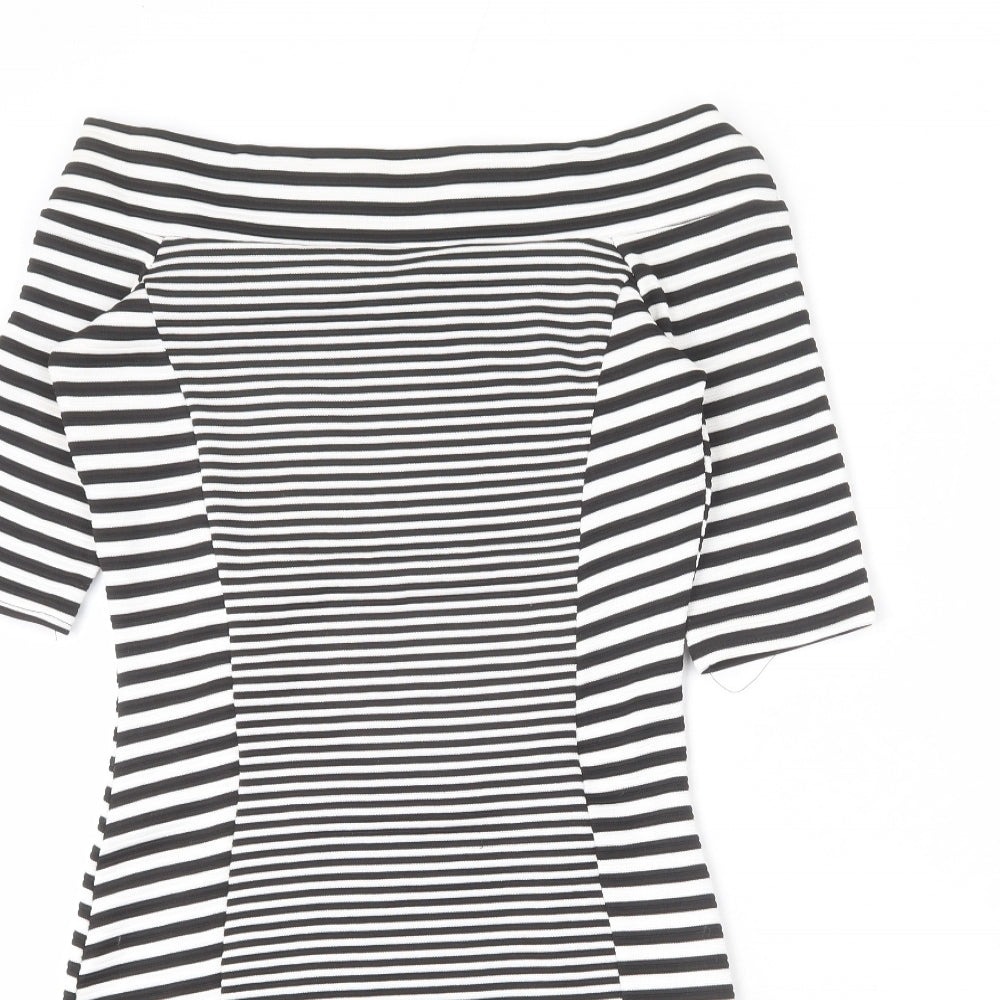 River Island Womens Black Striped Polyester Bodycon Size 10 Off the Shoulder Pullover