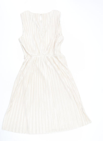 Miss Selfridge Womens Gold Polyester A-Line Size 12 Round Neck Button - Sparkle, Pleated