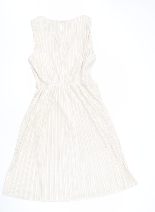 Miss Selfridge Womens Gold Polyester A-Line Size 12 Round Neck Button - Sparkle, Pleated