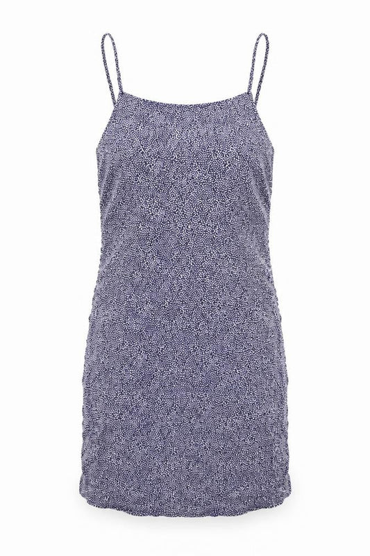 Front view of Cooperative women’s blue floral viscose mini, size XS, square neck zip