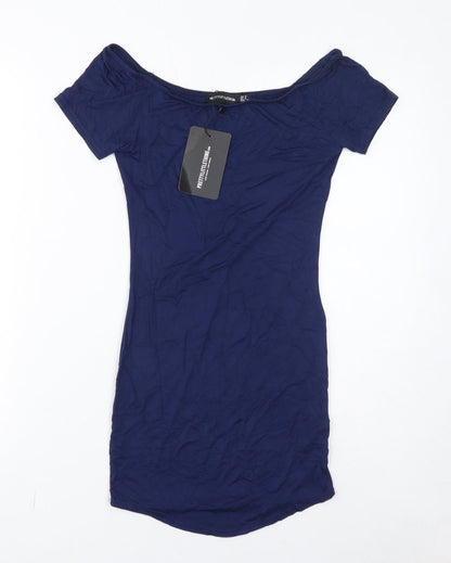 PRETTYLITTLETHING Womens Blue Viscose Bodycon Size 8 Off the Shoulder Pullover