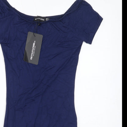 PRETTYLITTLETHING Womens Blue Viscose Bodycon Size 8 Off the Shoulder Pullover