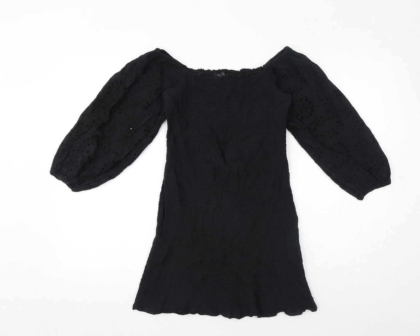 Boohoo Womens Black Cotton Mini Size 8 Off the Shoulder Pullover - Broderie Anglaise, Shirred