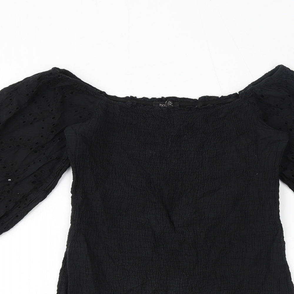 Boohoo Womens Black Cotton Mini Size 8 Off the Shoulder Pullover - Broderie Anglaise, Shirred