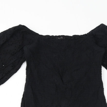 Boohoo Womens Black Cotton Mini Size 8 Off the Shoulder Pullover - Broderie Anglaise, Shirred