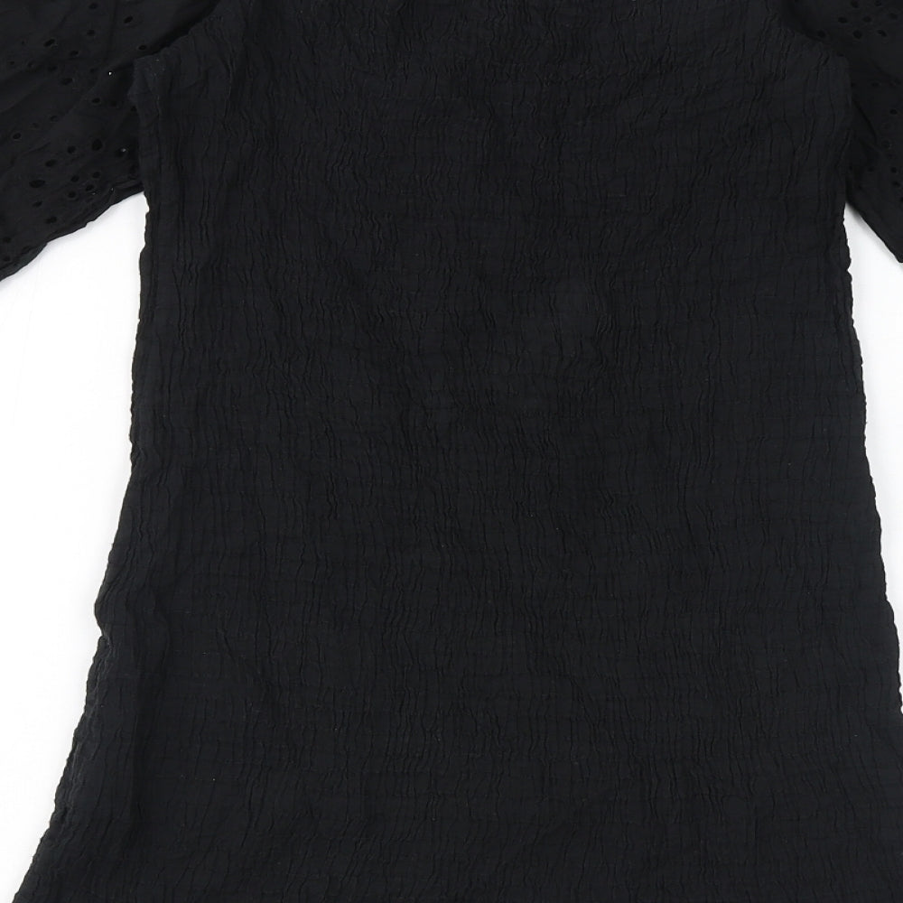 Boohoo Womens Black Cotton Mini Size 8 Off the Shoulder Pullover - Broderie Anglaise, Shirred